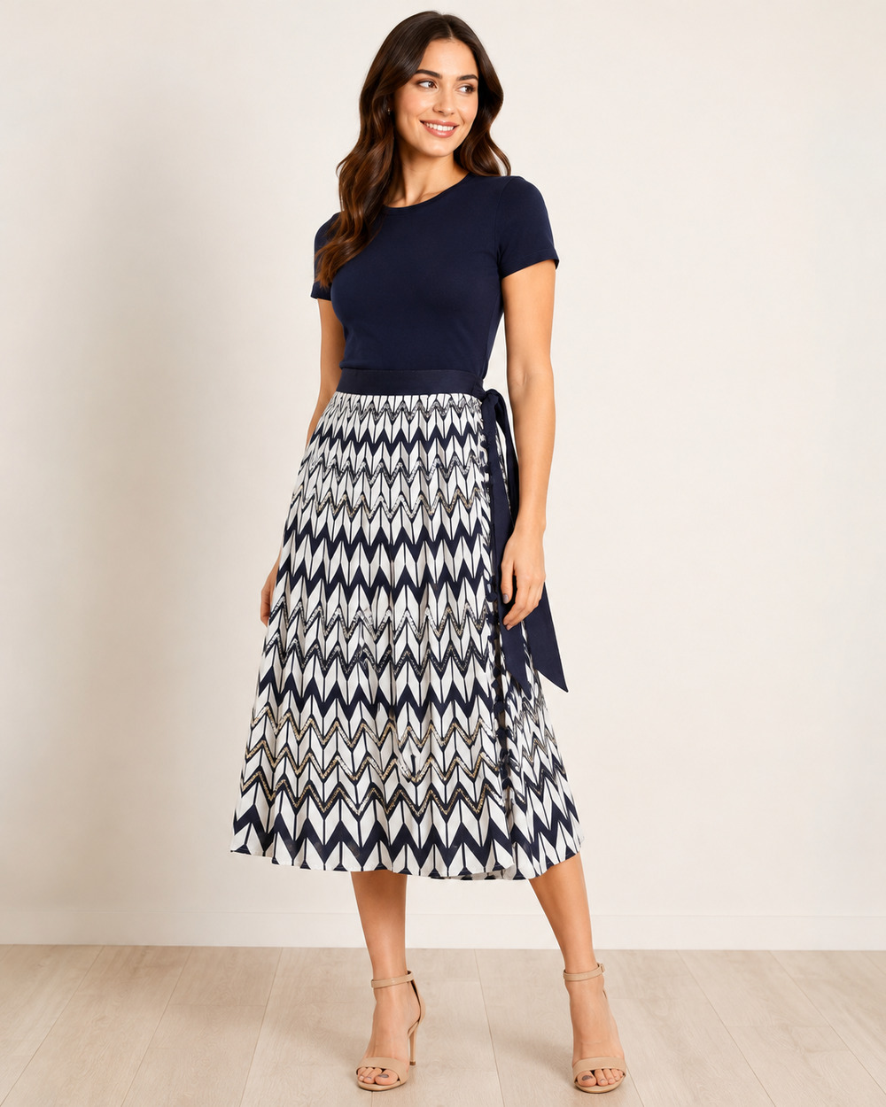 Saint Tropez West Navy White Chevron Sequin Wrap Midi Skirt Size 12 Y2K Art Deco